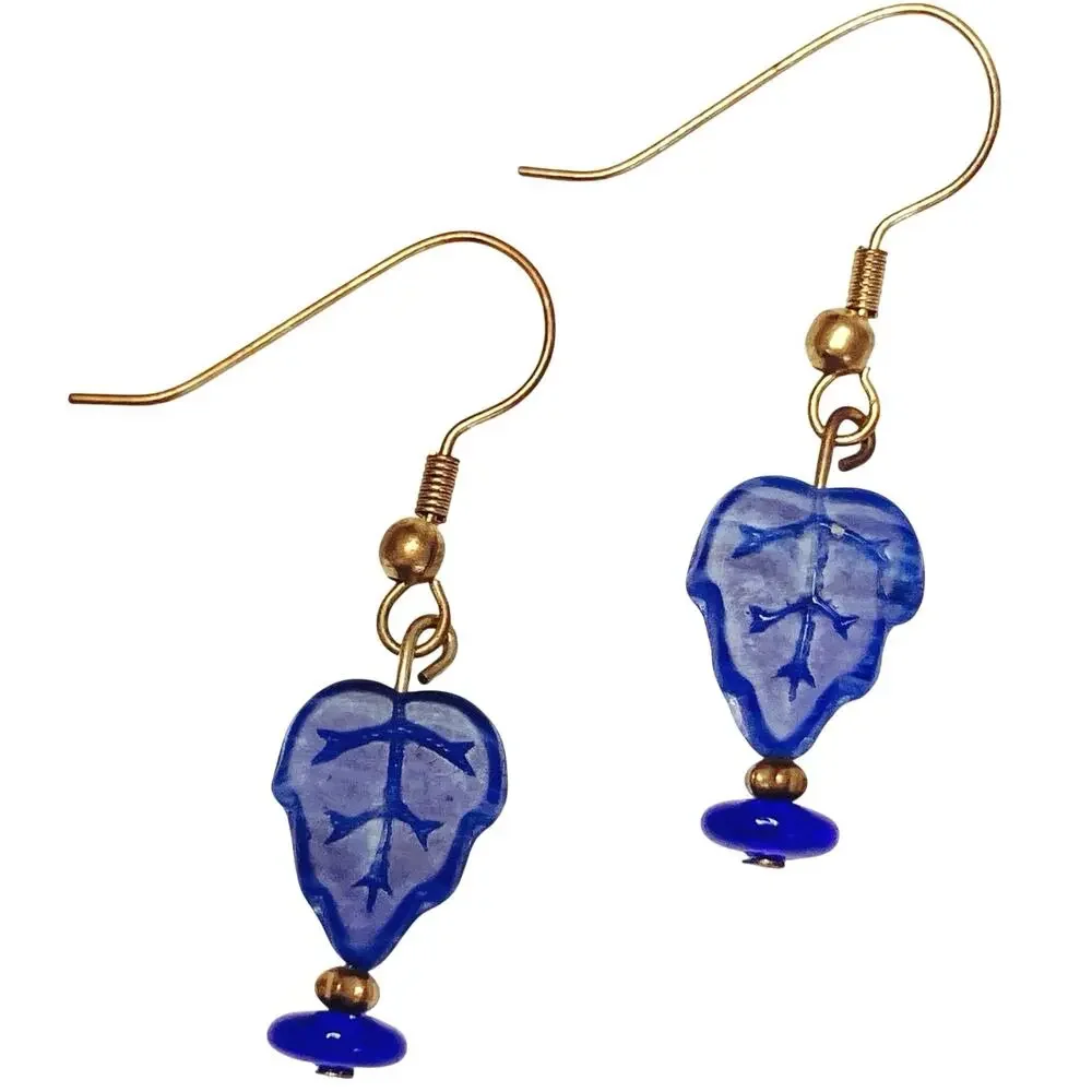 Colbalt Blue Glass Leaf Dangle Earrings Cute Boho Botanical Gold Tone Hooks